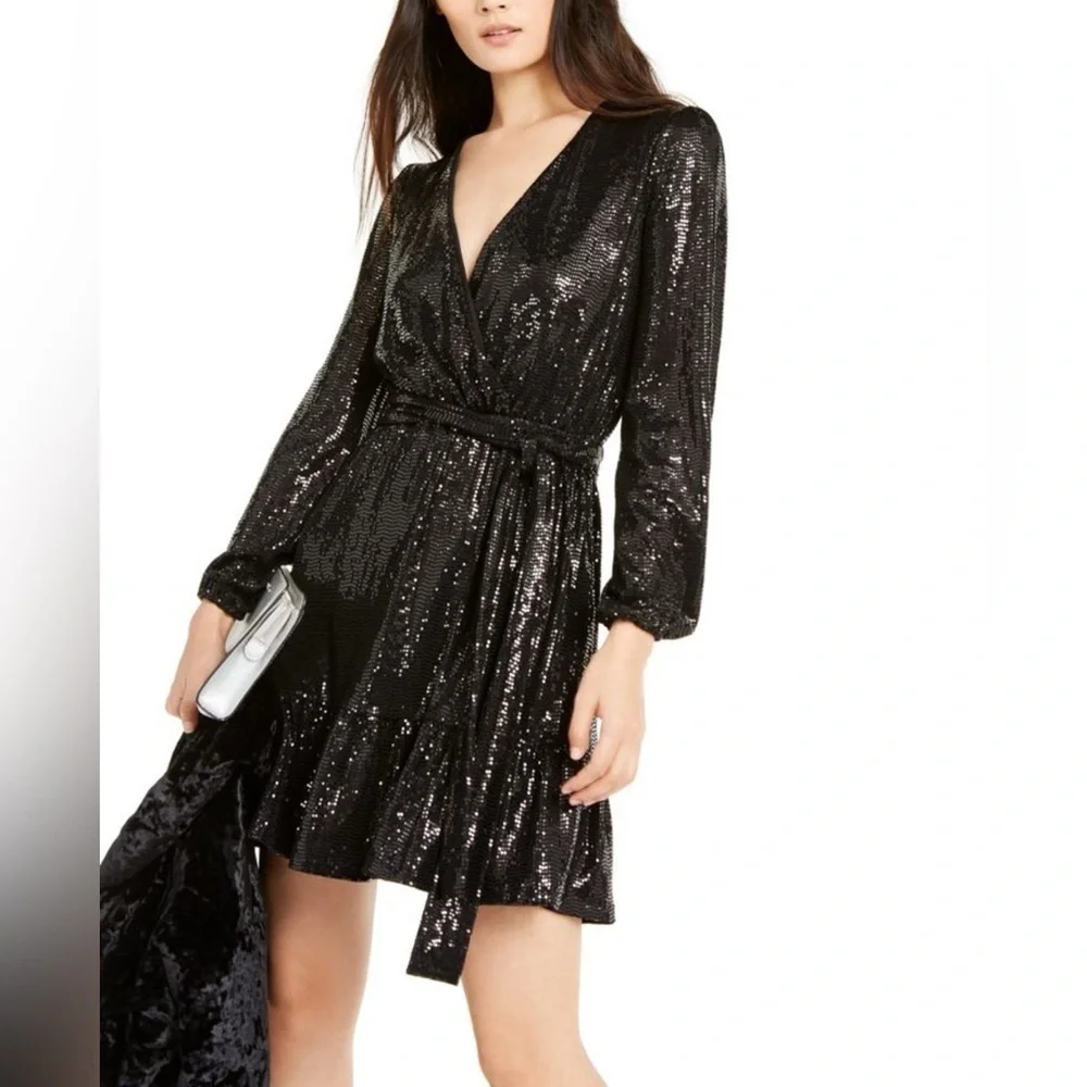 Michael Kors Black Shimmer Mini Dress Size XS long sleeve belted party evening